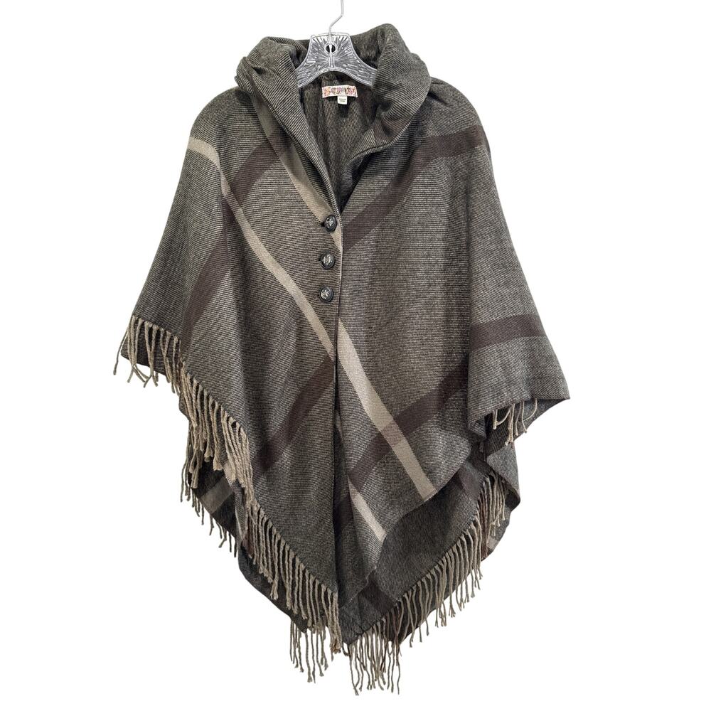 Joe‎ Browns Brown Plaid Poncho Size 10/16 Festival Fringe Knit Bohemian Retro
